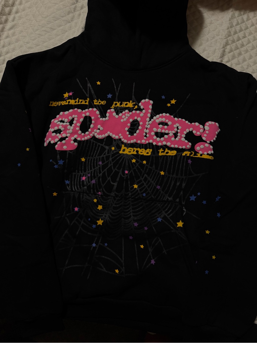 Sp5der Black Pullover Hoodie Spider Graphic Print Logo Fleece Cotton Size M